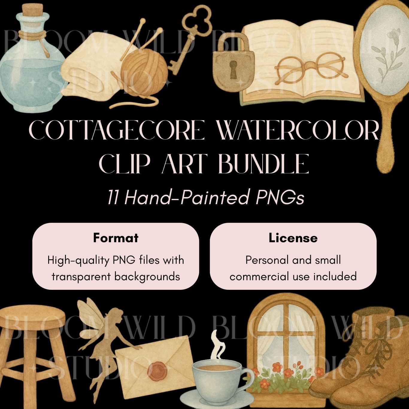 Cottagecore Watercolor Clip Art Bundle – 11 PNGs
